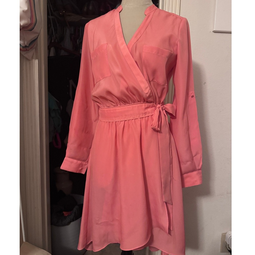 Guess by Marciano Coral Pink Wrap Shirtdress High Low Long Sleeve Size S